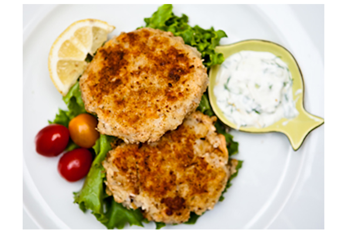 These Salmon Cakes are always a hit for their versatility. We like to serve them to guests as an appie with a dipping sauce, or aside a green salad for a light meal. 
