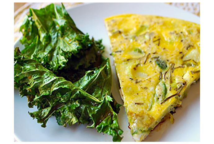 Potato and Leek Frittata with Kale Chips Here's a chip your toddlers don't need to know is healthy! Kale leaves are baked with olive oil and salt, resulting in a crispy delight perfect for meals and/or snack time.