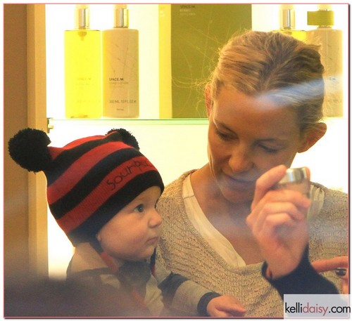 &quot;How to Lose A Guy In 10 Days&quot; star Kate Hudson shops for cosmetics with her baby Bingham on March 20, 2012 in London, UK. Her mother Goldie Hawn has now come out to refute a story in which she may have implied that Kate and Matt Bellamy had secretly wed.  RESTRICTIONS APPLY: USA ONLY