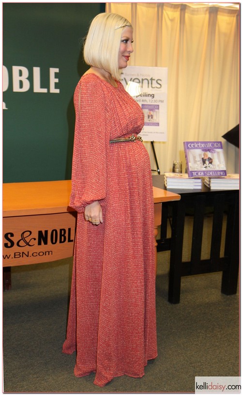Actress Tori Spelling held a book siging for her latest book ?CelebraTori? in New York City, New York on April 4, 2012 and has revealed that she is now pregnant with her fourth child by surprise. Tori recently discovered this after a trip to the emergency room to seek treatment for a migraine were she was forced by hospital policy to pee in a cup which lead to the discovery. Tori gave birth to her third child, daughter Hattie, a month ago.  Despite the shock of the surprise Tori and her Husband Dean McDermott are please to be having another child.