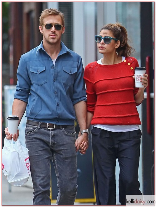 Couple Ryan Gosling and Eva Mendes hold hands after grabbing lunch in New York City, New York on May 10, 2012.