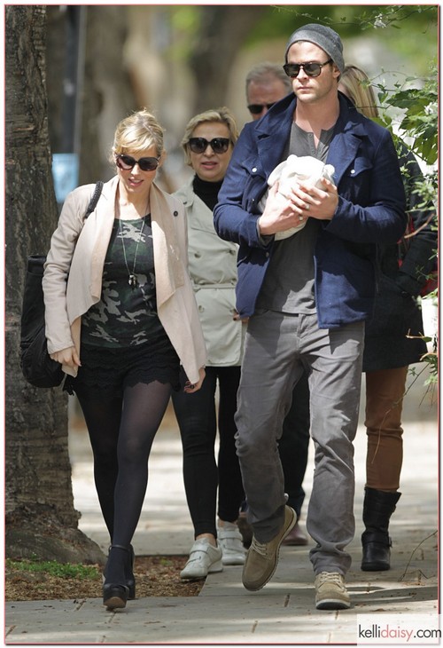 &quot;Thor&quot; star Chris Hemsworth and his wife Elsa Pataky  take a walk through London, England on May 16, 2012 with their newborn daughter India Rose (born on May 11, 2012). They were joined by Chris and Elsa's family. RESTRICTIONS APPLY: USA/AUSTRALIA/NEW ZEALAND ONLY