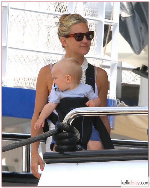 Actress Kate Hudson vacations with her fiance Matt Bellamy and their son Bingham on Sir Philip Green's yacht in Monaco on June 25, 2012. Kate and her family left the Lionheart yacht with Green to catch a flight on his helicopter. RESTRICTIONS APPLY: USA/UNITED KINGDOM/AUSTRALIA ONLY