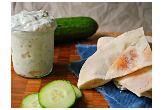 Warm up some soft pitas and serve with a large dollop of tangy tzatziki and a side of fresh cut veggies. Who says you need to cook to make a healthy meal for the family?