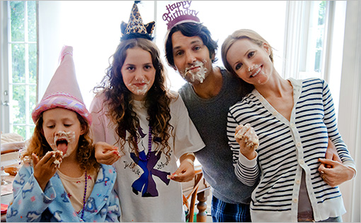 (L to R) Charlotte (IRIS APATOW), Sadie (MAUDE APATOW), Pete (PAUL RUDD) and Debbie (LESLIE MANN) in "This Is 40", an original comedy from writer/director/producer Judd Apatow.  The film expands upon the story of Pete and Debbie from the blockbuster hit "Knocked Up" as we see first-hand how they are dealing with their current state of life.