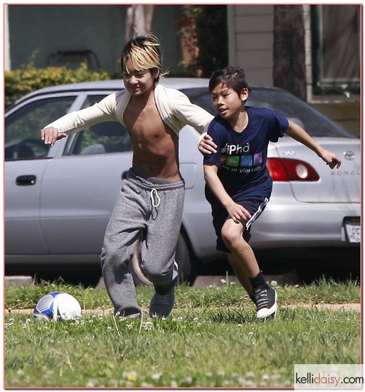 51045826 Angelina Jolie and Brad Pitt's sons Maddox and Pax playing soccer with friends at a park in Burbank, California on March 23, 2013. Pax was rocking a 'Pho Made In Vietnam' t-shirt to show off his heritage. FameFlynet, Inc - Beverly Hills, CA, USA - +1 (818) 307-4813