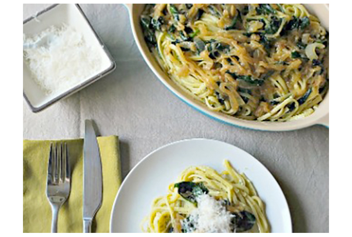 Impress your guests with this flavourful dish that's easy to make and uses a few ingredients you likely already have on hand. The combination of sweet onions and tangy yogurt pairs well with the pasta, and the spinach adds a boost of nutrition and colour to the plate.