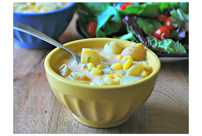 This lightened-up chowder is loaded with new potatoes, crisp corn and sharp cheddar cheese—ingredients that are typically welcome at the toddler table. Don't worry, though, mom and dad will enjoy this soup too, as the inclusion of cumin and smoked paprika add a sophisticated level of flavour to this very kid-friendly dish. 