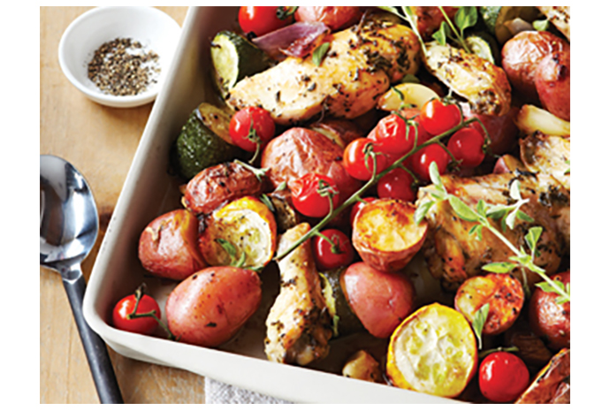 One-pan meals were made for moms, and this dish is no exception. Combining lean protein (chicken), hearty veggies (potatoes, zucchini, tomatoes) and bold flavours (lemon, oregano, garlic), your clan will be sure to cause a commotion when they come to the table for this delish dish. 