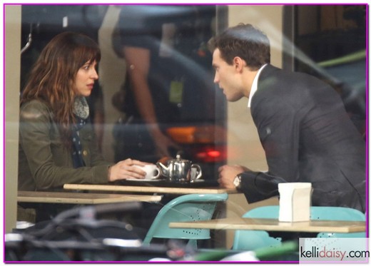 51276035 Actors Jamie Dornan and Dakota Johnson filming a tea date scene at a cafe on the set of 'Fifty Shades Of Grey' in Vancouver, Canada on December 1, 2013. FameFlynet, Inc - Beverly Hills, CA, USA - +1 (818) 307-4813