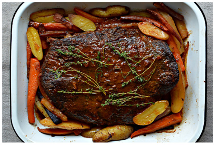 Barbecued Brisket Looking for a make-ahead meal that tastes just as great the next day? Then this brisket is designed for you. Slather the beef with a simple mixture of barbecue and apple sauces and let the meat cook low and slow in the oven while you carry on with other things. Add a few fingerling potatoes and carrots to the pot at the end for a full meal in the making.