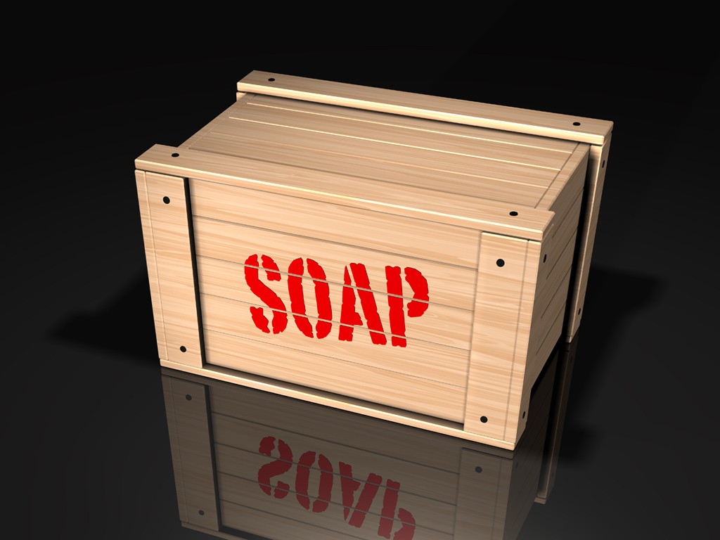 3d illustration of a wood soap box on a dark reflective surface
