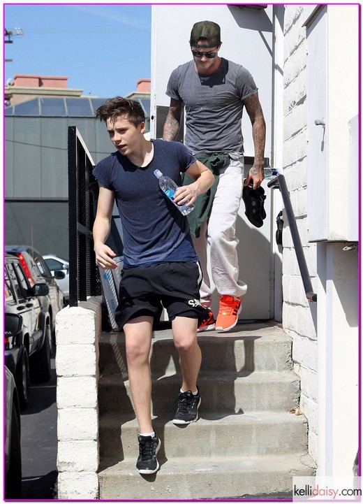 51377408 Soccer star David Beckham and his son Brooklyn leave SoulCycle after a morning workout on April 8, 2014 in Brentwood, California. FameFlynet, Inc - Beverly Hills, CA, USA - +1 (818) 307-4813