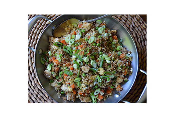 This mock ‘fried rice' uses grated cauliflower in place of the traditional grain for a low-carb variation on a family favourite. Shake up the dish by using whatever vegetables you have in the fridge, and don't hesitate to replace the chicken with shrimp for a quick and easy meat-free meal.