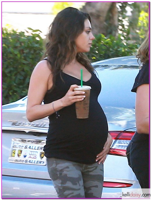 Pregnant Mila Kunis Stops By Starbucks 51538159 Pregnant actress Mila Kunis is seen stopping by Starbucks in Studio City, California with a friend on September 23, 2014. Mila and her fiance Ashton Kutcher are expecting their first child, a girl, very soon. FameFlynet, Inc - Beverly Hills, CA, USA - +1 (818) 307-4813