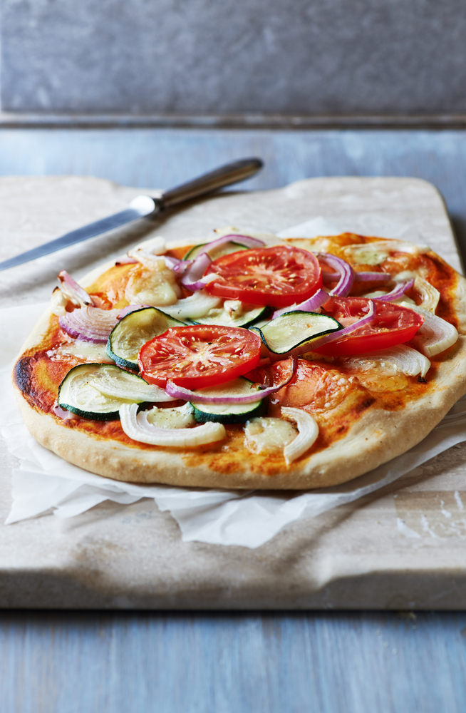Quick and Easy Vegetarian Pizza with tomato, onion and zucchini