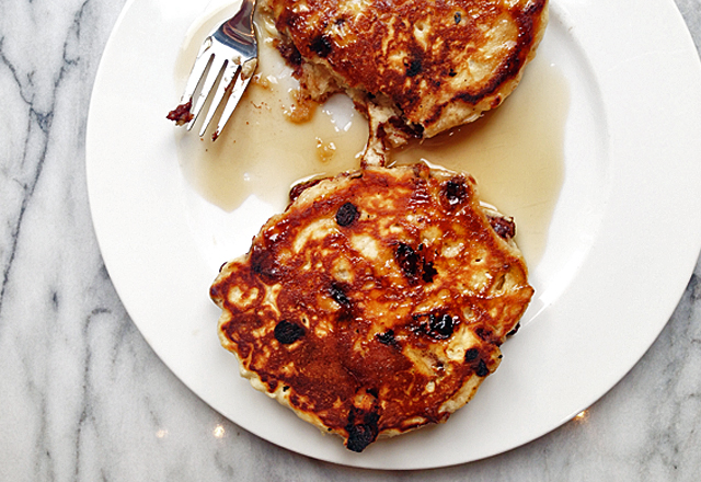 Chocolate chip and sea salt pancakes with maple syrup