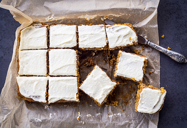 Carrot cake squares with cream cheese frosting