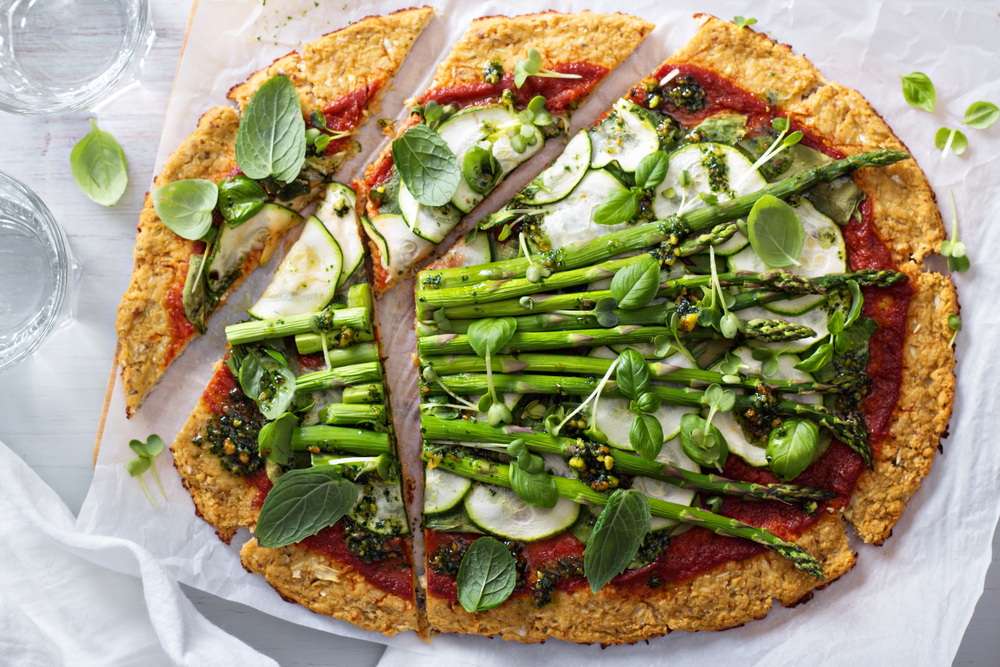 Homemade flat bread pizza made with zucchini and asparagus