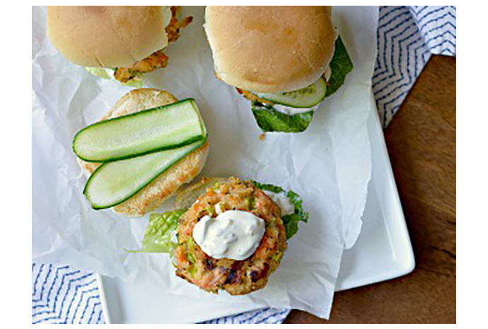 Give your burgers a healthy makeover this month by replacing traditional beef with salmon that's been seasoned with a few fresh herbs, lemon and Cajun seasoning. Make 'em mini by turning them into sliders, which are easy for the tiny hands in your house to hold. 