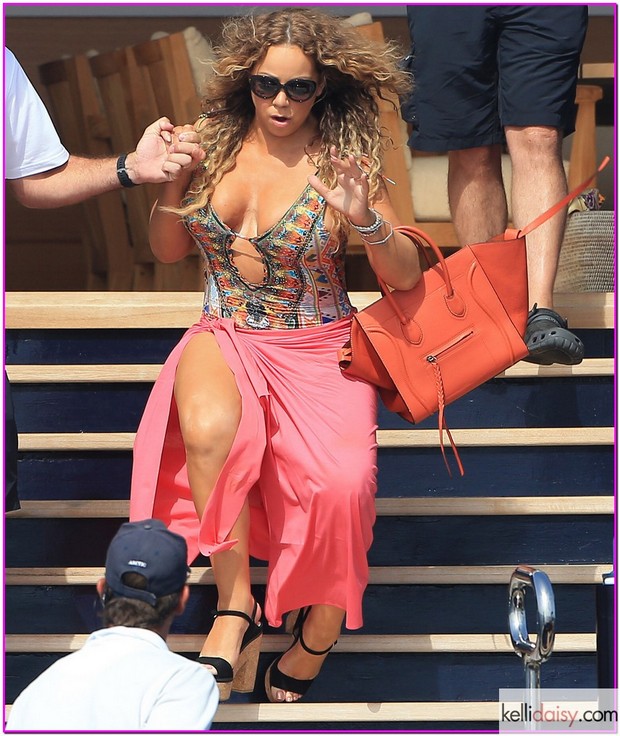 51787388 Singer Mariah Carey has a close call while walking down the wet stairs of a yacht while vacationing in Formentera, Spain on July 1, 2015. Carey, and her new boyfriend, billionaire James Packer headed to a boat to go to shore, but slipped on the stairs and almost took a nasty fall. Fortunately for Mariah, a crew member was beside her and caught her before she tumbled down! James watched her slip from his seat in the boat, seemingly unconcerned about her near accident. FameFlynet, Inc - Beverly Hills, CA, USA - +1 (818) 307-4813 RESTRICTIONS APPLY: USA/AUSTRALIA ONLY