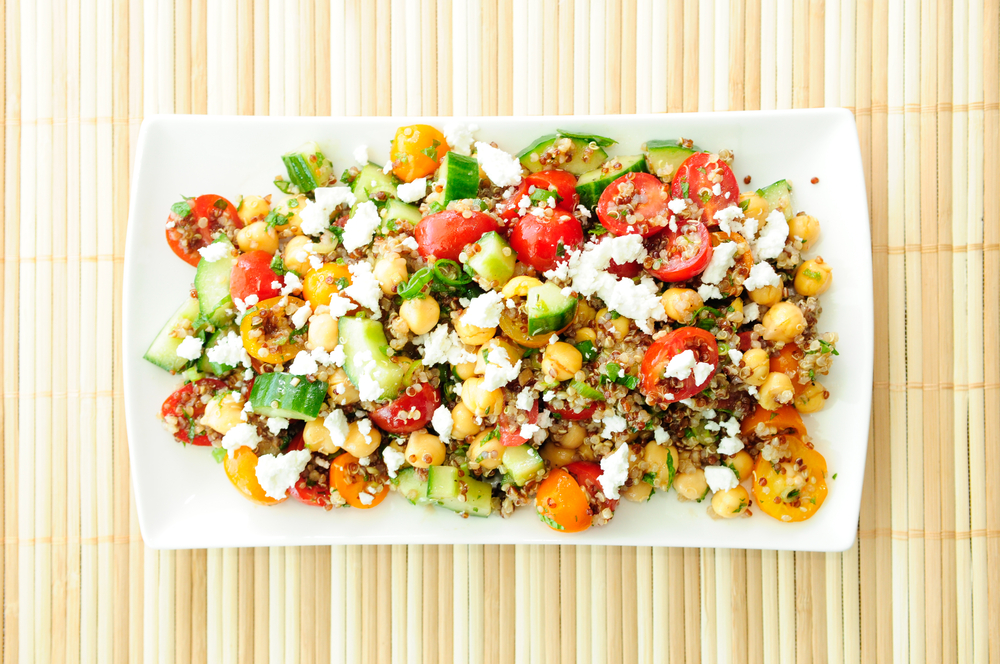 Quinoa Salad with heirloom tomatoes, chickpeas and goat cheese, large grain salad