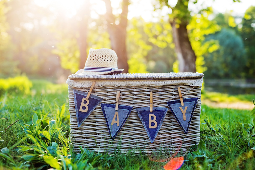 word BABY garland with the word baby on the basket on the nature