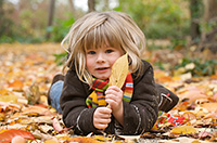 Littlegirllyingonleafygroundholdingleaves