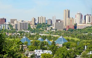 Edmonton Skyline and the greenhouse pyramids of the Muttart Conservatory.