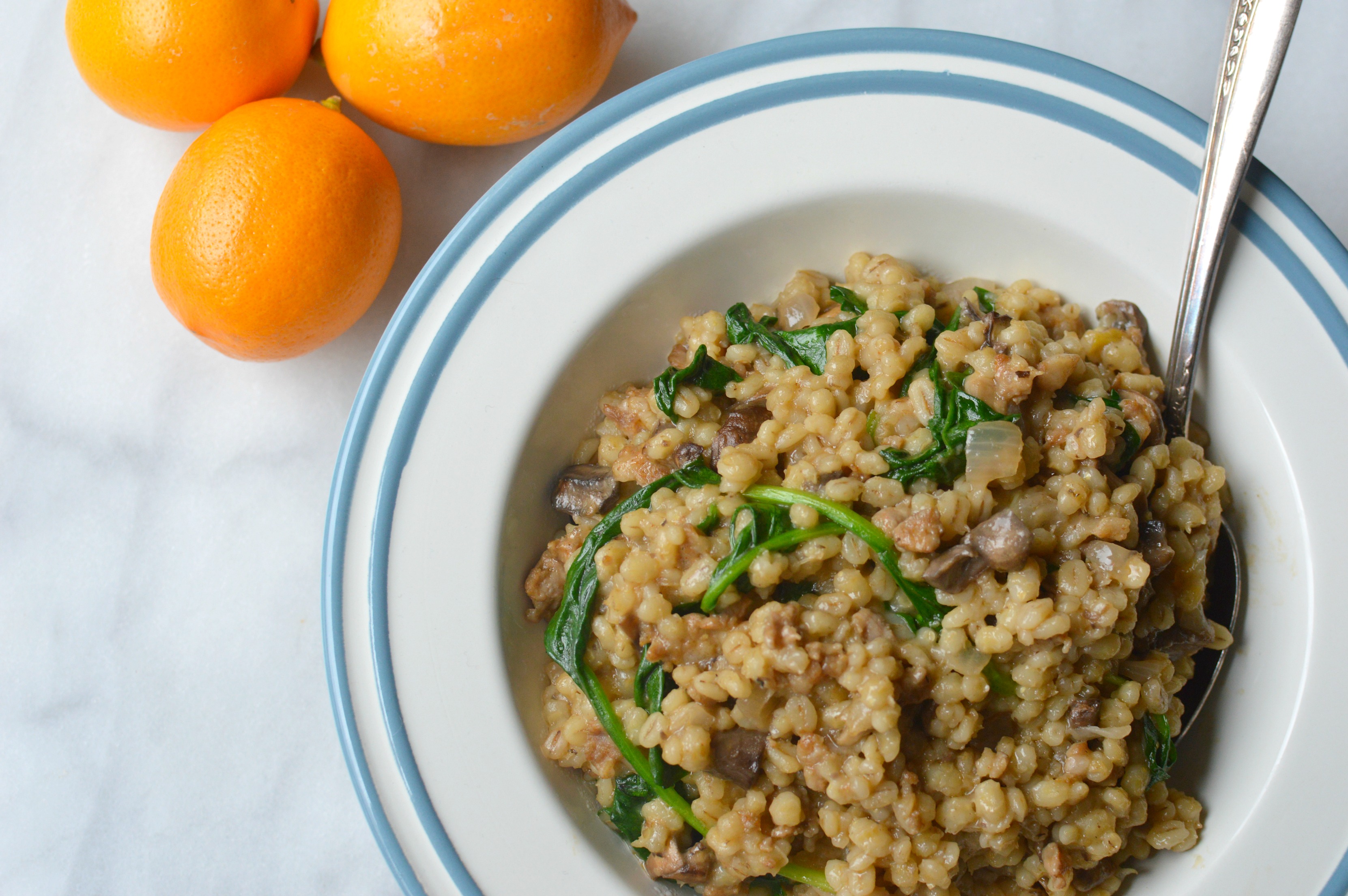 Sausage and Mushroom Barley Risotto in the slow cooker