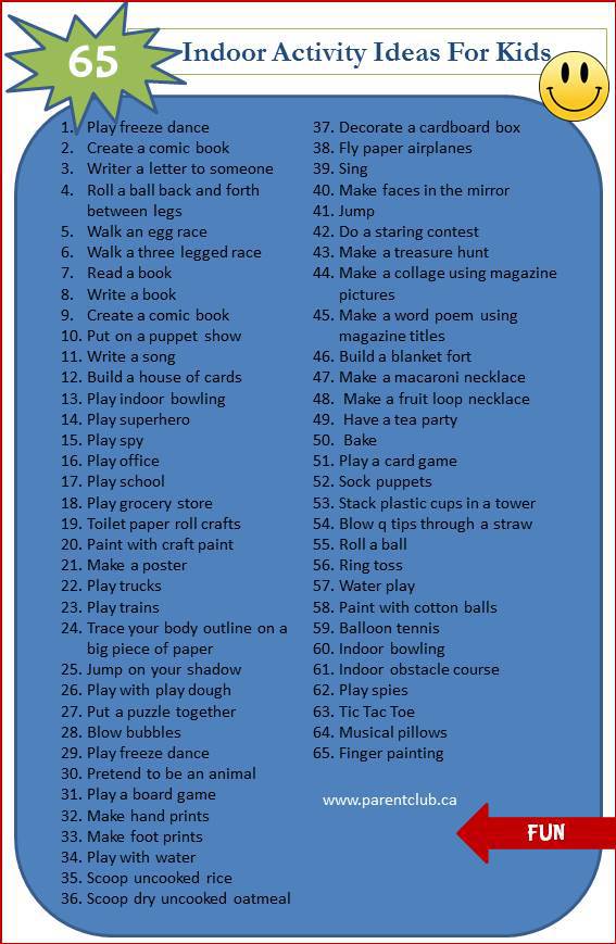 65 Indoor Activities for kids via www.parentclub.ca