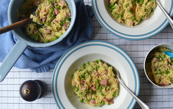 Orzo pancetta peas easy dinner recipe