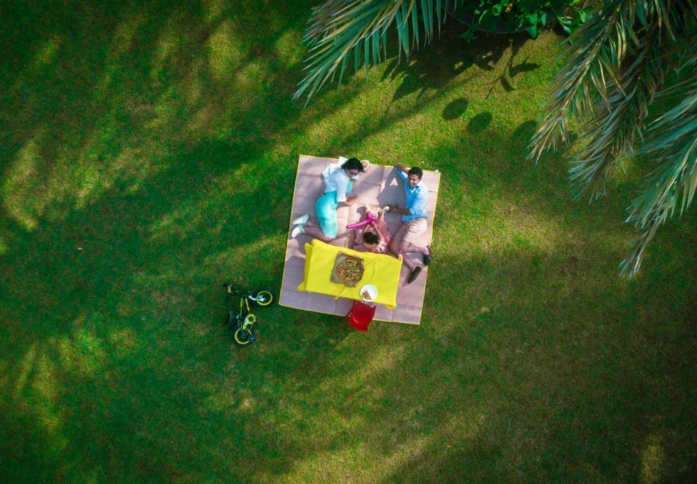 Family laying on picnic blanket in a garden