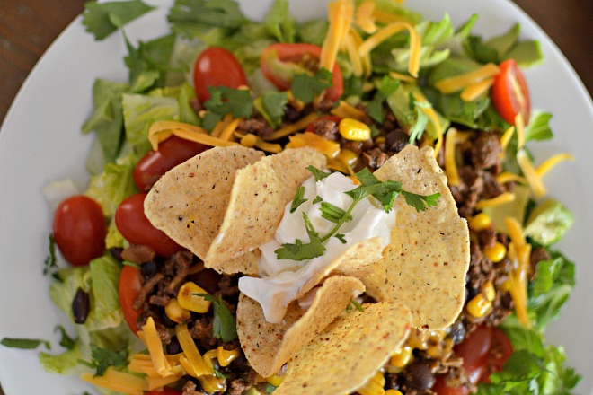Taco Salad with tortillas, beans and corn