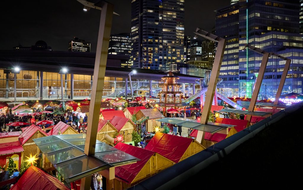 Night view of the Vancouver Christmas Market at Jack Poole Plaza. Local Vancouver Holiday Shopping - SavvyMom