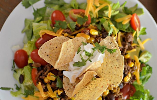 Taco Salad with tortillas, beans and corn