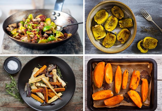 6 Speedy Winter Side Dishes, Caramelized Brussels Sprouts, roasted pumpkin, maple root roasted vegetables