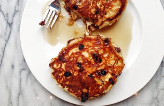 Chocolate chip and sea salt pancakes with maple syrup