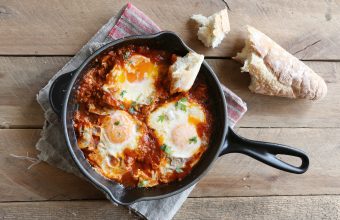 Poached eggs in a spicy tomato sauce, marinara sauce