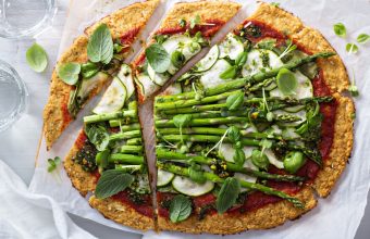 Homemade flat bread pizza made with zucchini and asparagus