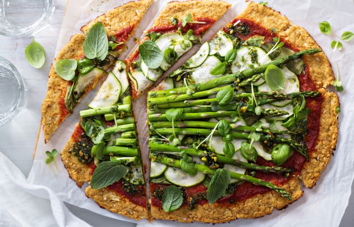 Homemade flat bread pizza made with zucchini and asparagus
