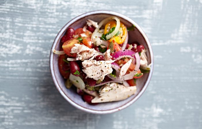 healthy bean and tuna salad, packed lunch, vegetable salad recipe
