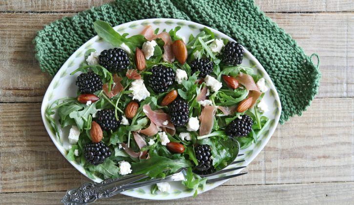 arugula salad with blackberries, feta, almonds and prosciutto