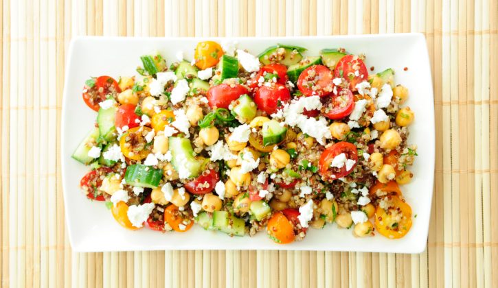 Quinoa Salad with heirloom tomatoes, chickpeas and goat cheese, large grain salad