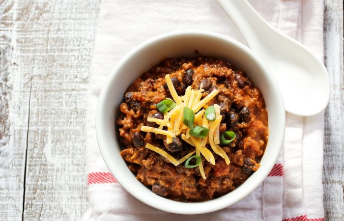 Bowl of black bean and beef chili