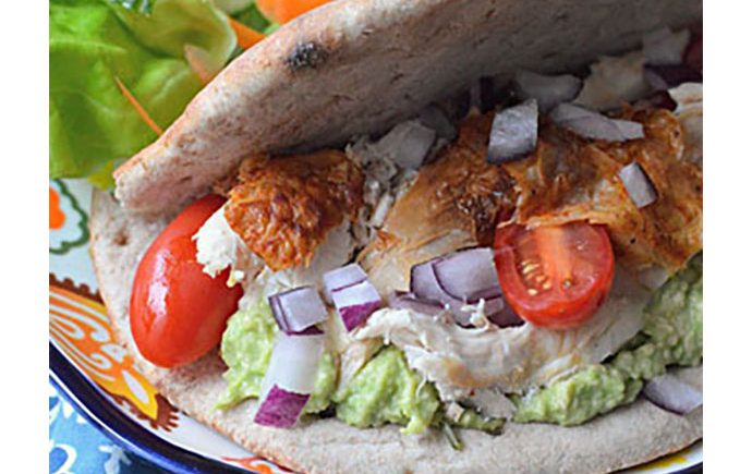 Rotisserie Chicken Pitas with Avocado Tzatziki