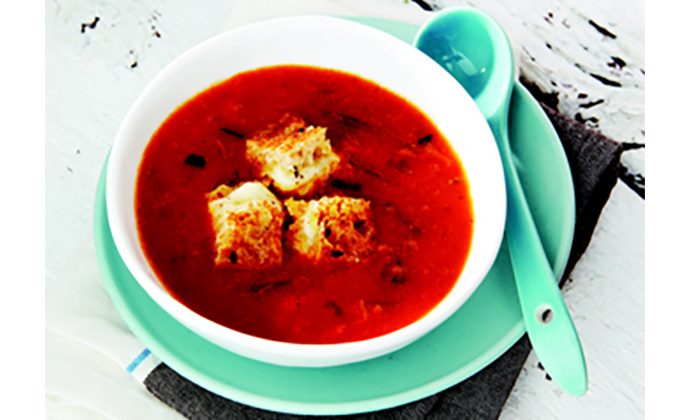 Roasted Tomato and Garlic Soup with Grilled Cheese Croutons