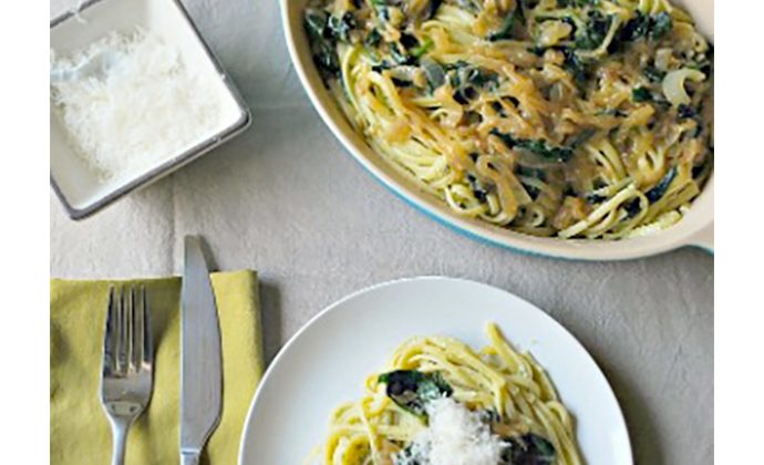 Fettuccine With Caramelized Onion and Pesto Yogurt Sauce
