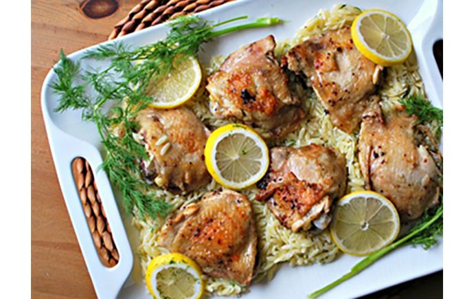 Lemon Roasted Chicken Thighs with Dilled Orzo