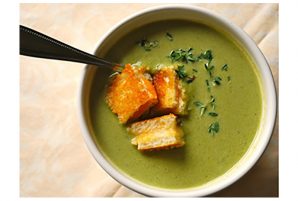 Creamy Asparagus Soup with Grilled Cheese Croutons